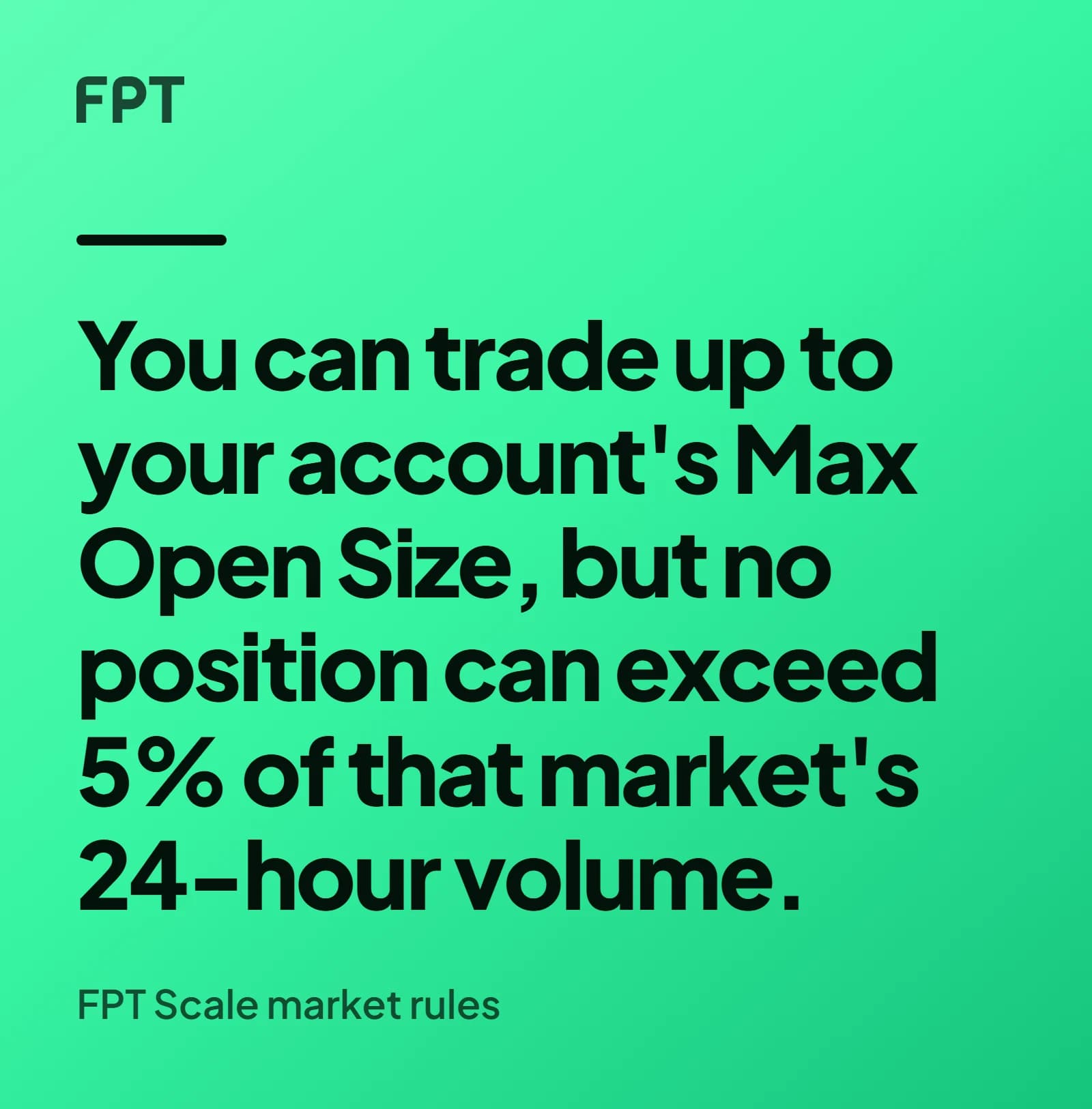 A quote card on a bright mint ground reading: you can trade up to your account's Max Open Size, but no position can exceed 5% of that market's 24-hour volume, attributed to the FPT Scale market rules.