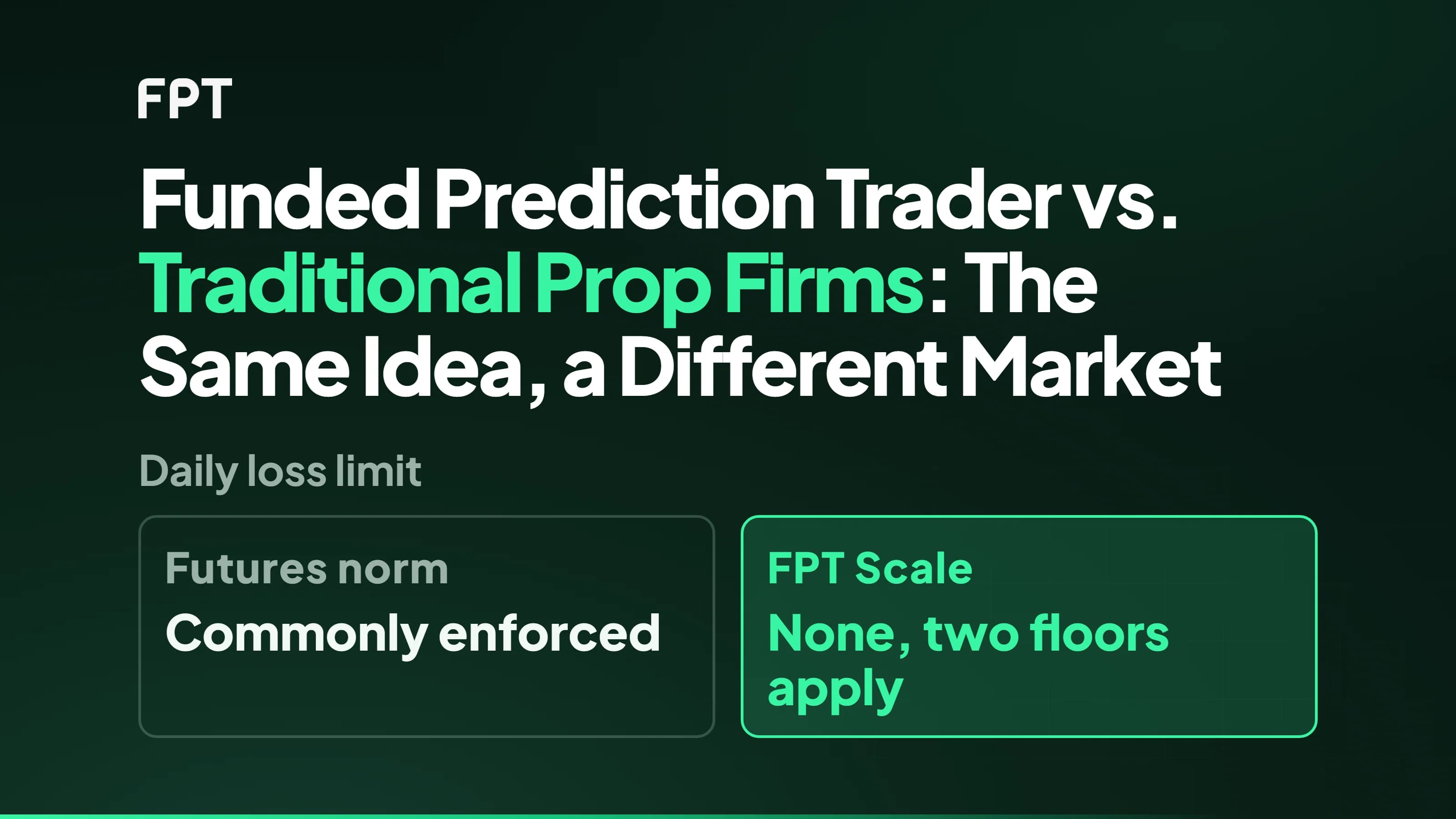 FPT cover printing the title Funded Prediction Trader vs. Traditional Prop Firms: The Same Idea, a Different Market, with Traditional Prop Firms highlighted in mint, above one compared rule — daily loss limit — showing the futures norm, commonly enforced, in grey against FPT Scale, none with two floors applying, in mint.